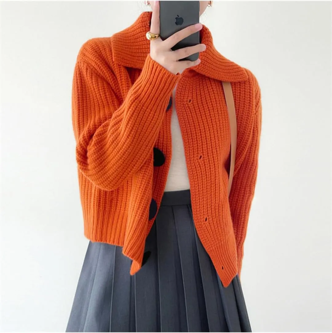 Women Open Front Knit Sweater Long Sleeve Cardigan Sweater Casual Loose Button Lapel Cardigan Coat