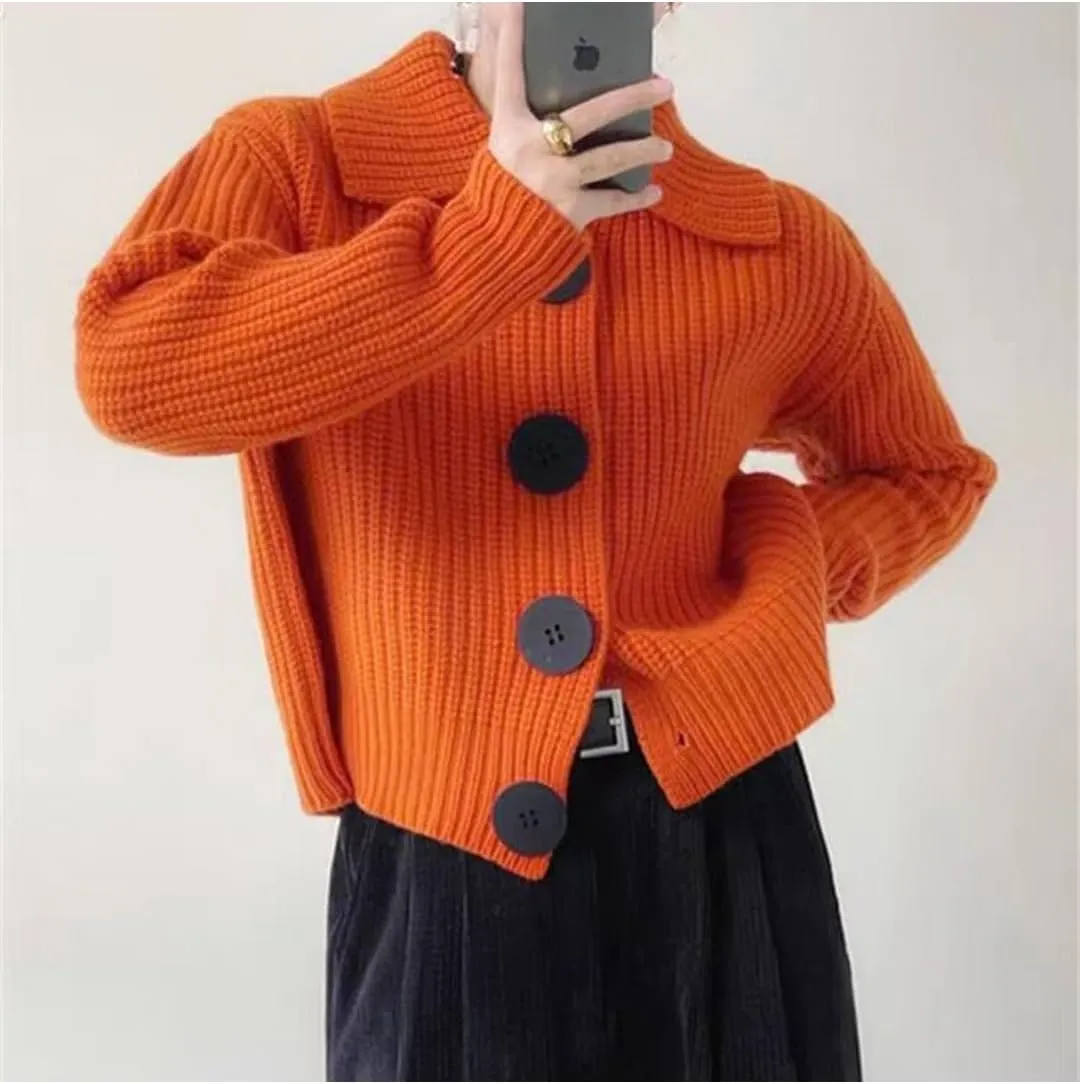 Women Open Front Knit Sweater Long Sleeve Cardigan Sweater Casual Loose Button Lapel Cardigan Coat
