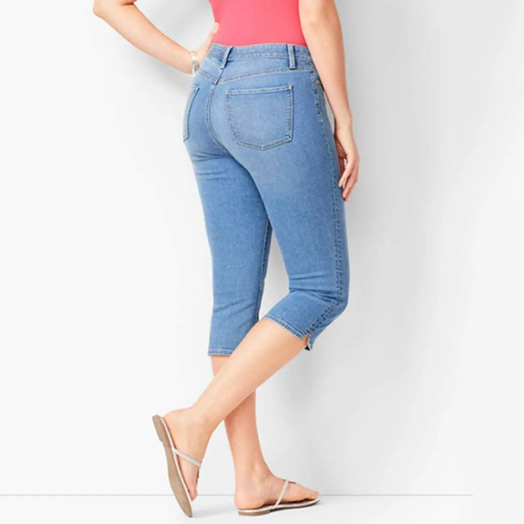 Women Plus Size Slim Jeans Stretch Tummy Control 3/4 Length Tight Calf Denim Pant Summer Office Relax Casual Trousers