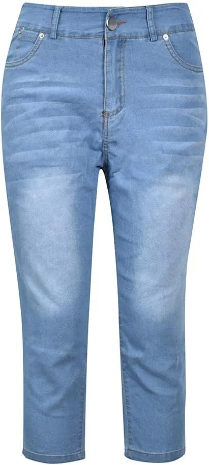 Women Plus Size Slim Jeans Stretch Tummy Control 3/4 Length Tight Calf Denim Pant Summer Office Relax Casual Trousers