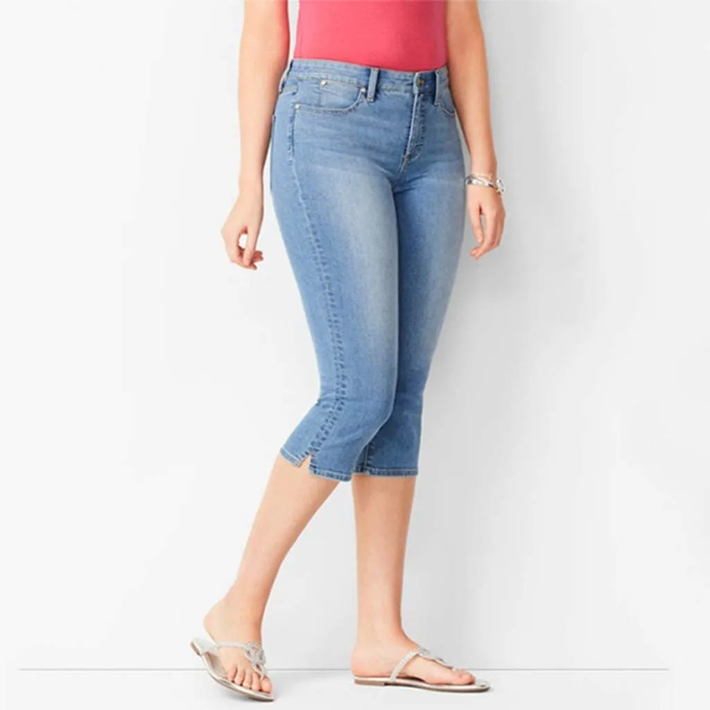 Women Plus Size Slim Jeans Stretch Tummy Control 3/4 Length Tight Calf Denim Pant Summer Office Relax Casual Trousers