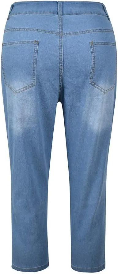 Women Plus Size Slim Jeans Stretch Tummy Control 3/4 Length Tight Calf Denim Pant Summer Office Relax Casual Trousers