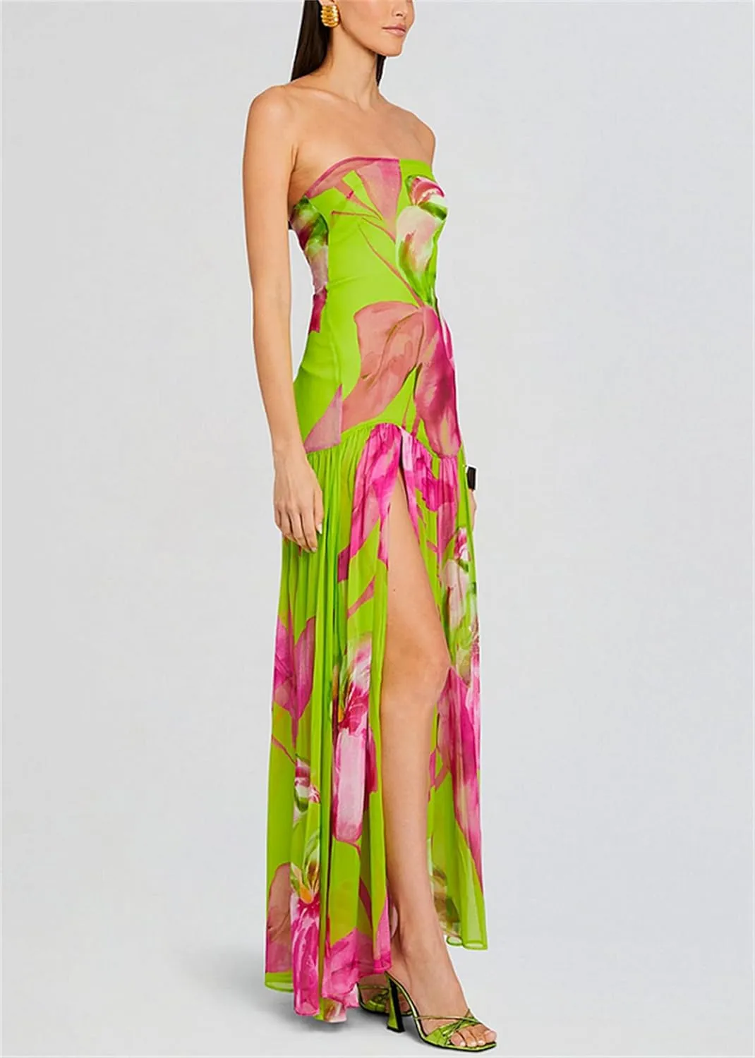 Women Sexy Tube Maxi Dress Strapless Off Shoulder High Split Floral Pritnting Bodycon Long Dress for Beach Evening