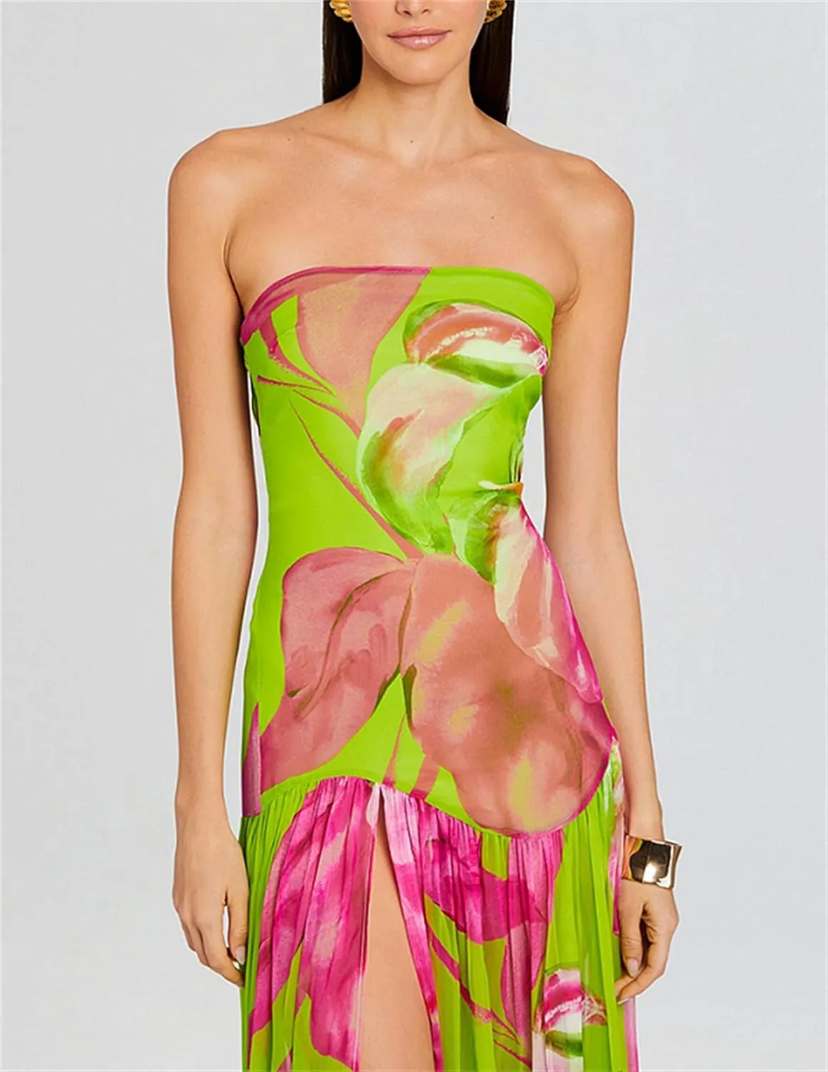 Women Sexy Tube Maxi Dress Strapless Off Shoulder High Split Floral Pritnting Bodycon Long Dress for Beach Evening