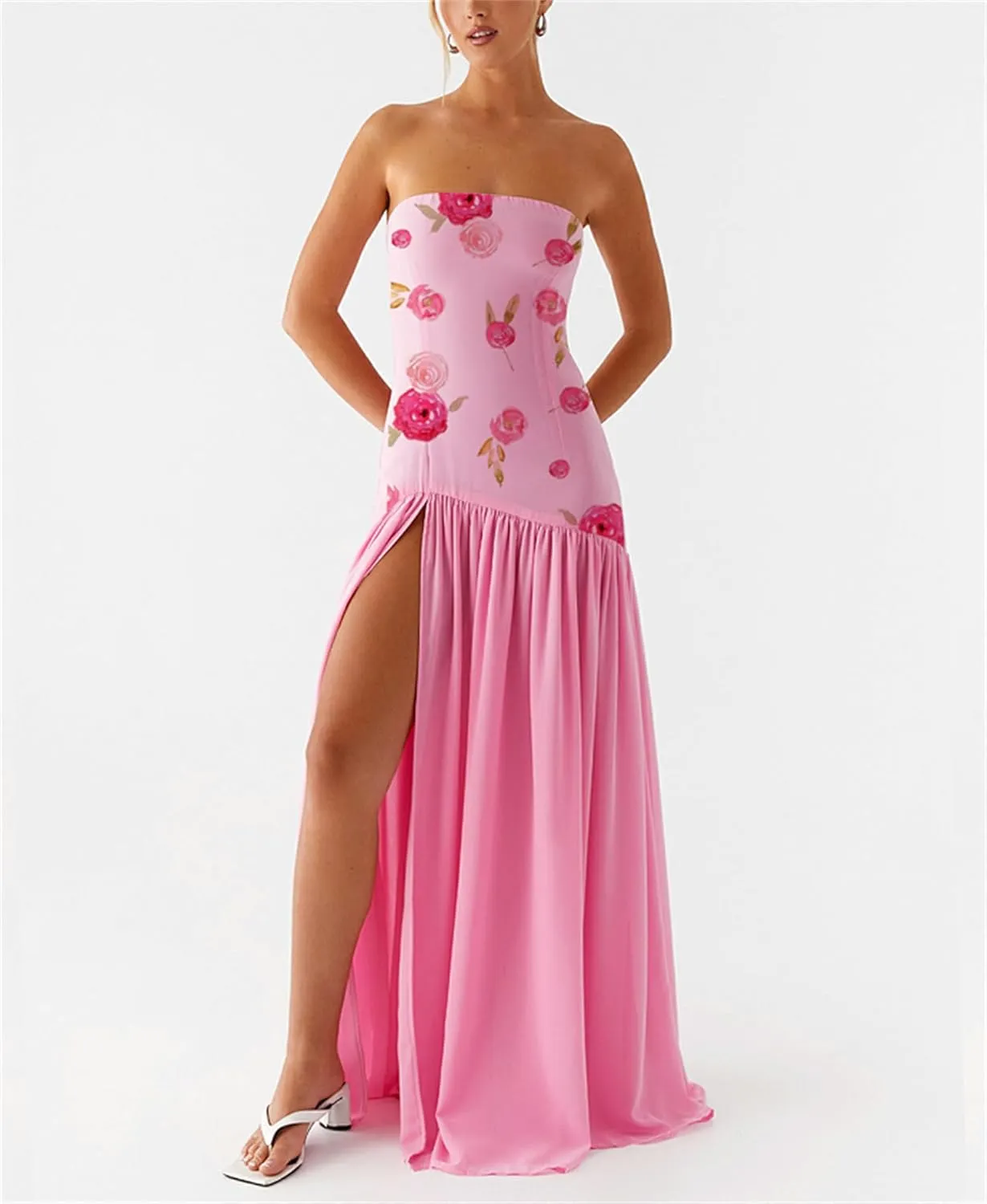 Women Sexy Tube Maxi Dress Strapless Off Shoulder High Split Floral Pritnting Bodycon Long Dress for Beach Evening
