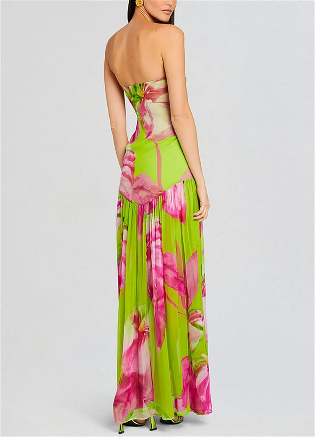 Women Sexy Tube Maxi Dress Strapless Off Shoulder High Split Floral Pritnting Bodycon Long Dress for Beach Evening