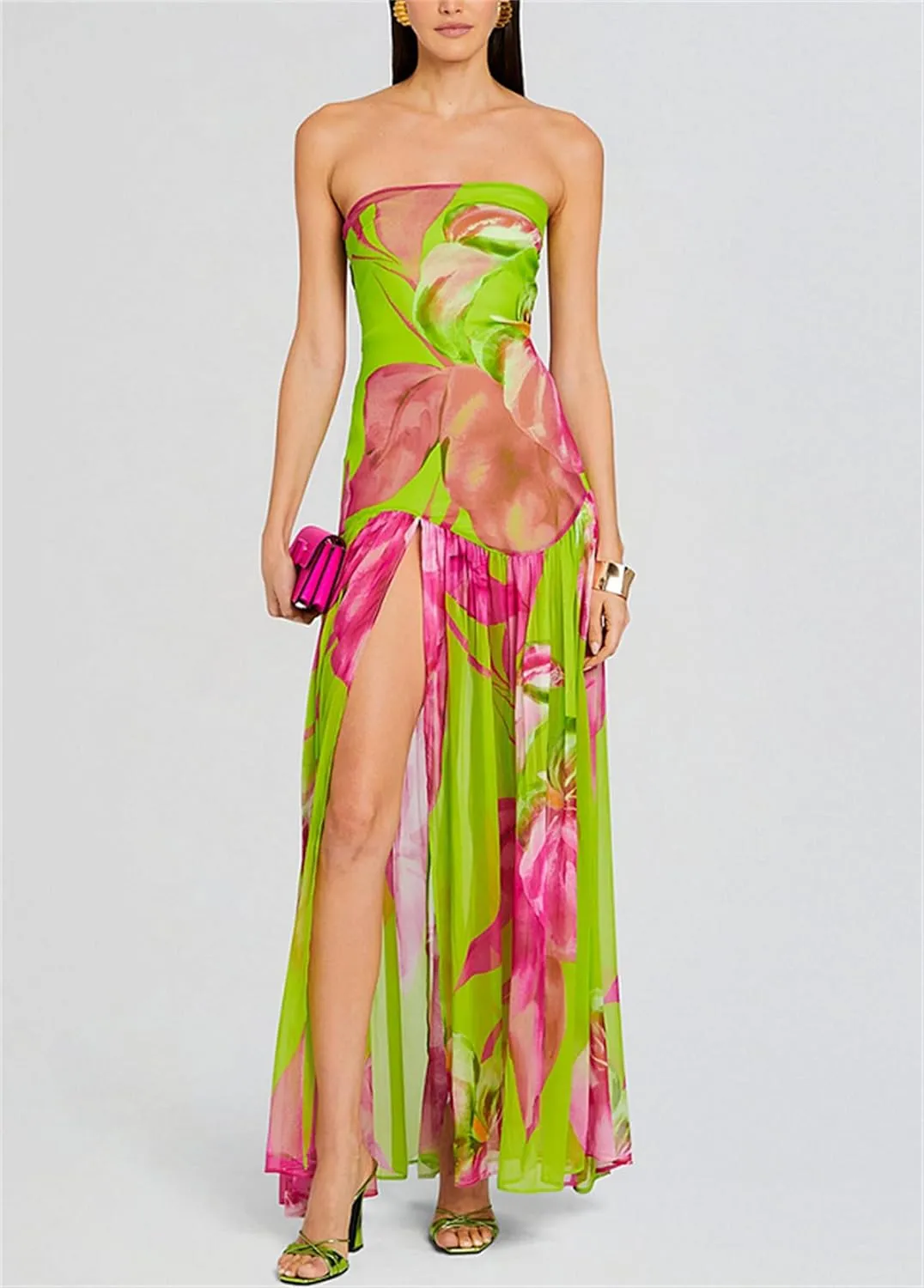 Women Sexy Tube Maxi Dress Strapless Off Shoulder High Split Floral Pritnting Bodycon Long Dress for Beach Evening