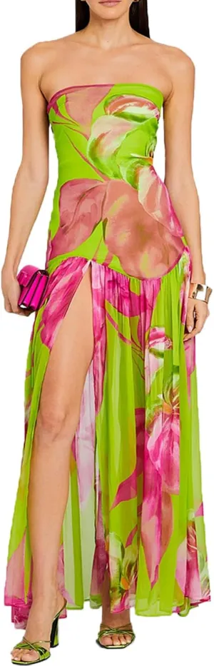 Women Sexy Tube Maxi Dress Strapless Off Shoulder High Split Floral Pritnting Bodycon Long Dress for Beach Evening