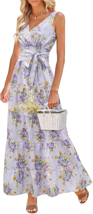 Women Sleeveless Boho Floral Maxi Dress Summer Casual Wrap Vneck Smocked Tie Flowy Ruffle Tiered Beach Long Sundress Pocket