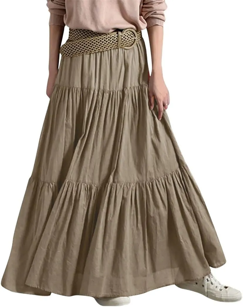Women Summer Bohemian Swing Beach Skirt High Waist A Line Flowy Layered Ruffle Pleated Long Skirt