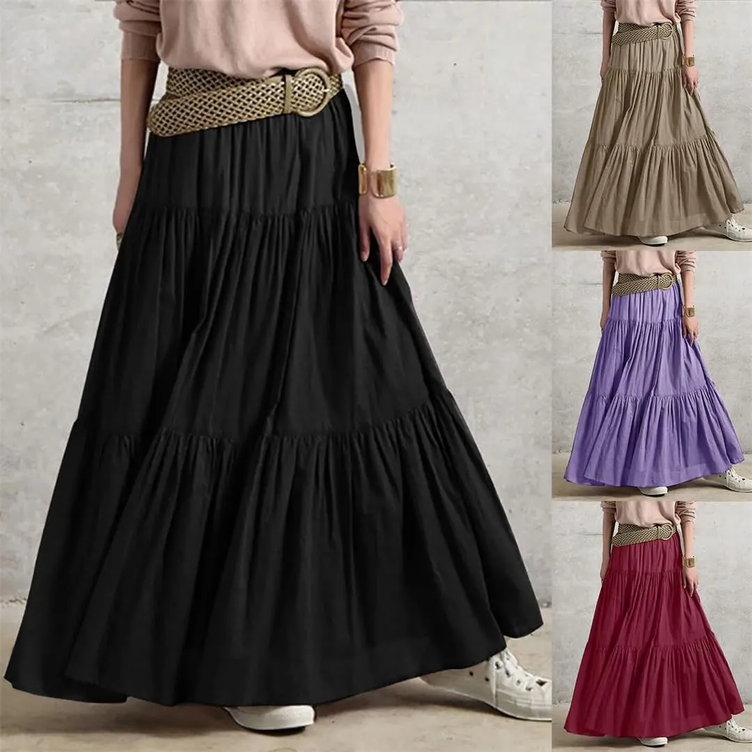 Women Summer Bohemian Swing Beach Skirt High Waist A Line Flowy Layered Ruffle Pleated Long Skirt