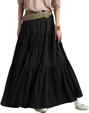 Women Summer Bohemian Swing Beach Skirt High Waist A Line Flowy Layered Ruffle Pleated Long Skirt