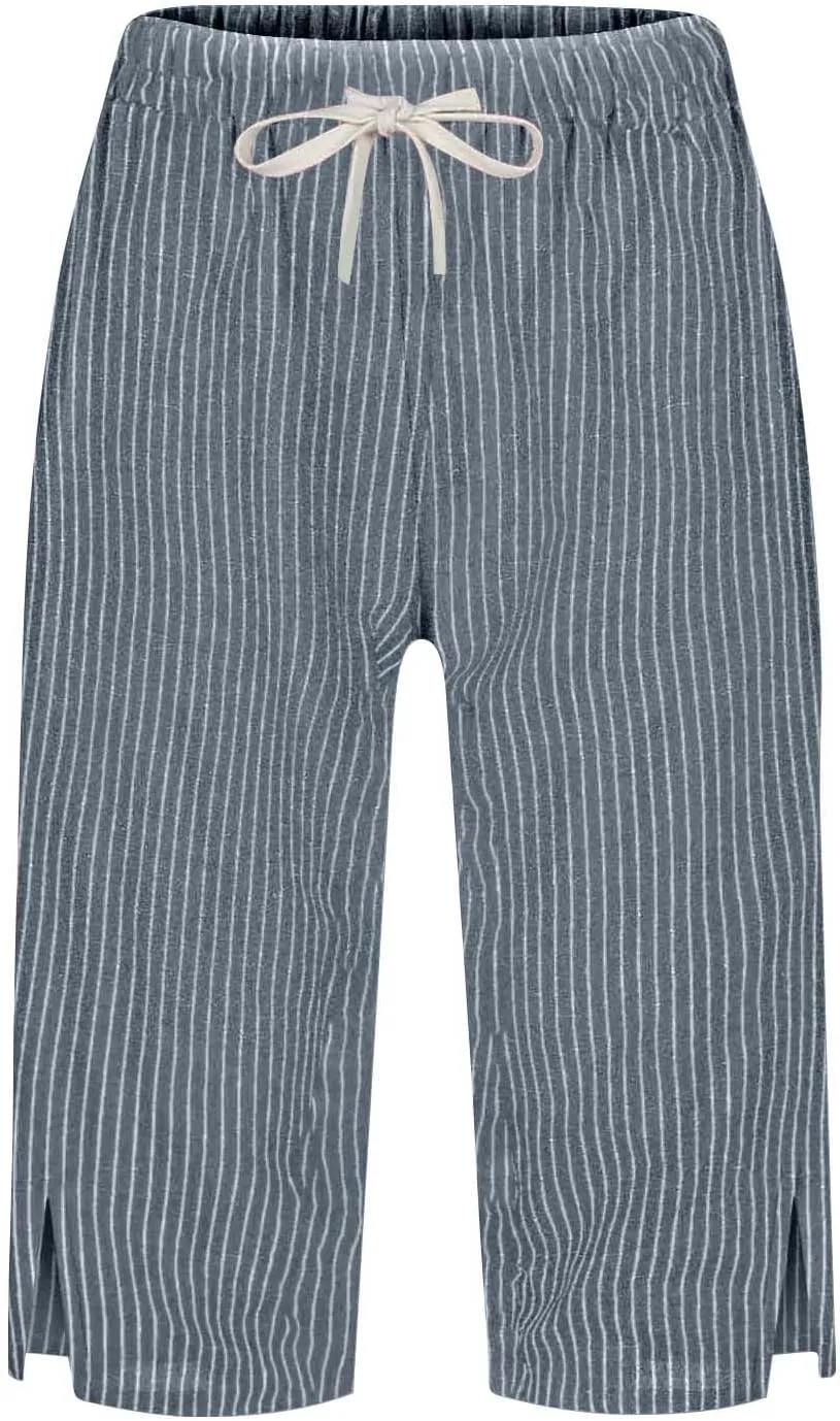 Women Summer Lightweight Linen Shorts Trendy Stripe Casual Beach Palazzo Trouser Quick-Dry Vacation Active Sport Pant