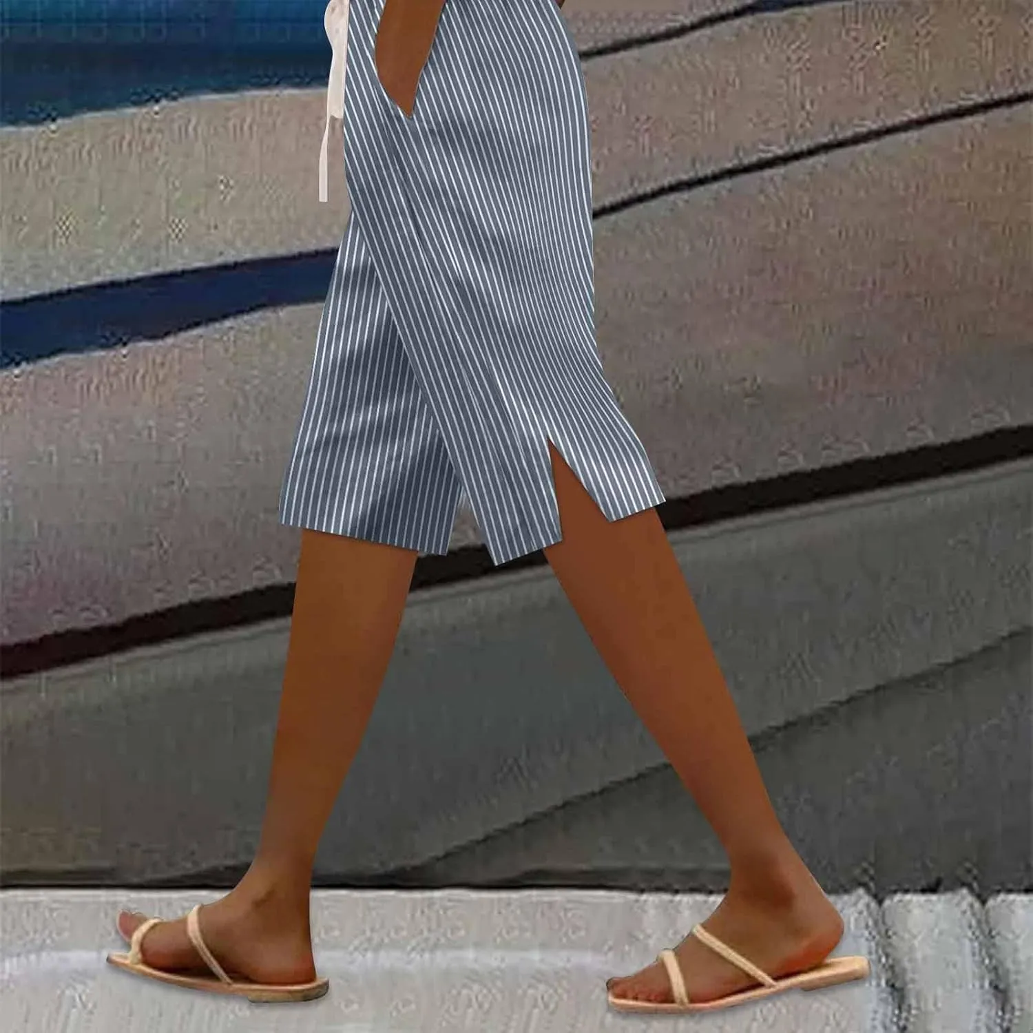 Women Summer Lightweight Linen Shorts Trendy Stripe Casual Beach Palazzo Trouser Quick-Dry Vacation Active Sport Pant