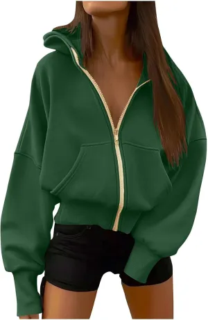 Women Trendy Cropped Hoodie Drop-shoulder Sleeve Fleece Sweatshirt Solid Color Full-zip Pullover Casual Fall Outfit