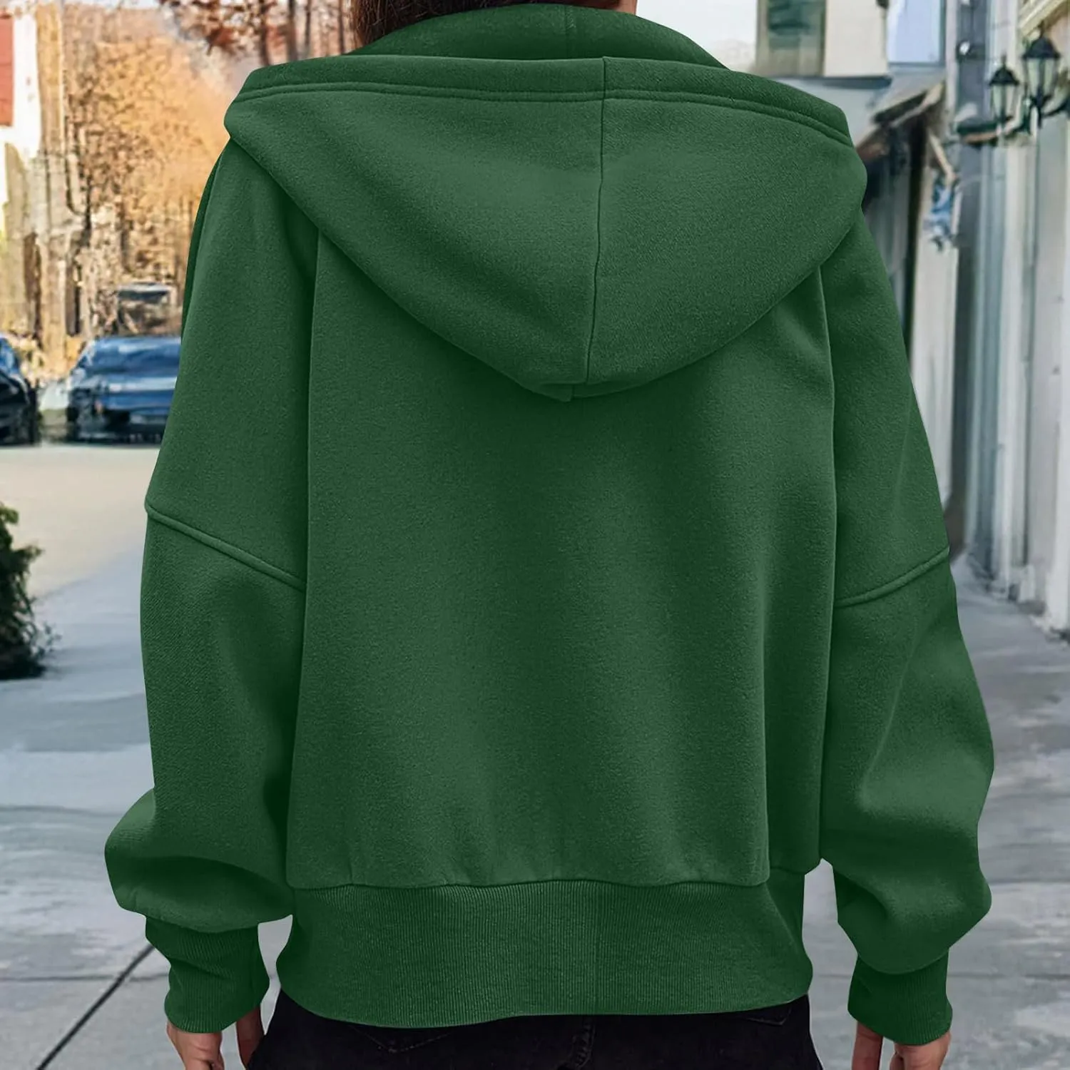 Women Trendy Cropped Hoodie Drop-shoulder Sleeve Fleece Sweatshirt Solid Color Full-zip Pullover Casual Fall Outfit