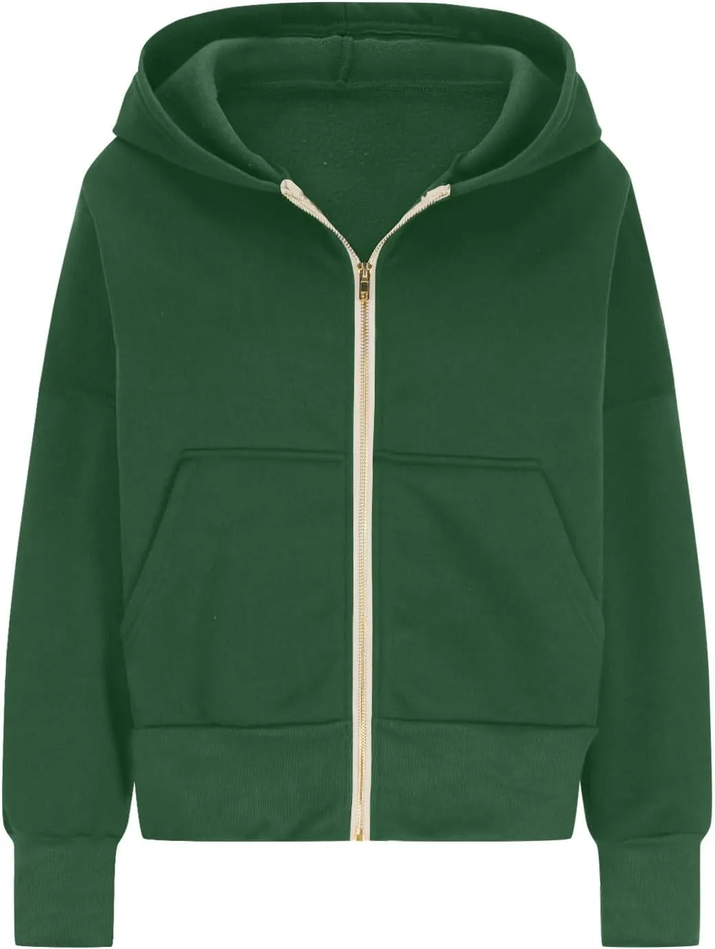 Women Trendy Cropped Hoodie Drop-shoulder Sleeve Fleece Sweatshirt Solid Color Full-zip Pullover Casual Fall Outfit