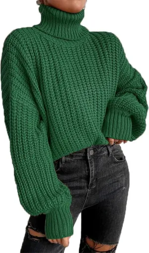 Women Turtleneck Long Sleeve Sweater Tops Knitted Casual Jumper Soft Comfy Oversize Pullovers(M-Green)