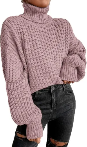 Women Turtleneck Long Sleeve Sweater Tops Knitted Casual Jumper Soft Comfy Oversize Pullovers(M-) Pink