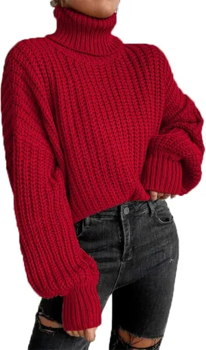 Women Turtleneck Long Sleeve Sweater Tops Knitted Casual Jumper Soft Comfy Oversize Pullovers(XXL-Red)