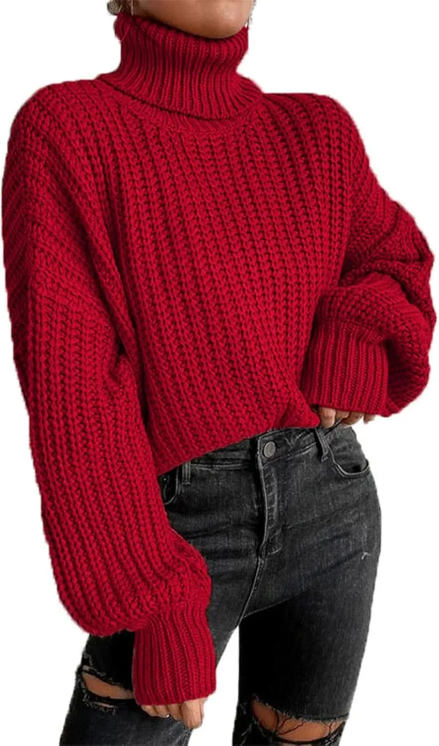 Women Turtleneck Long Sleeve Sweater Tops Knitted Casual Jumper Soft Comfy Oversize Pullovers(XXL-Red)