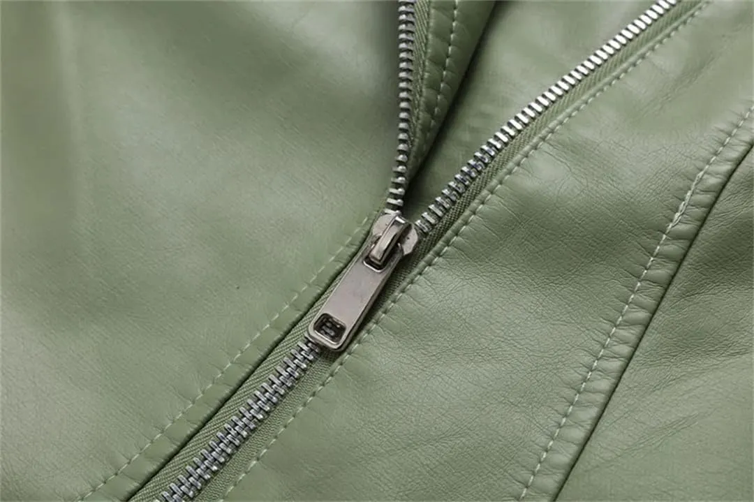 Women Vintage Thin Pu Faux Leather Short Jacket Street Female Zipper Retro Moto Biker Coat