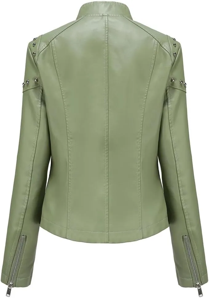 Women Vintage Thin Pu Faux Leather Short Jacket Street Female Zipper Retro Moto Biker Coat
