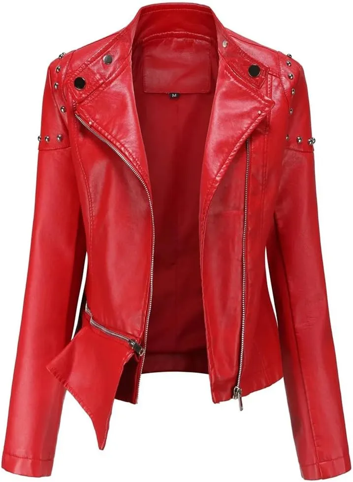 Women Vintage Thin Pu Faux Leather Short Jacket Street Female Zipper Retro Moto Biker Coat