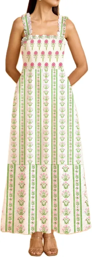 Women Y2K Patchwork Floral Maxi Dress Tie Shoulder Smocked A Line Flowy Long Dress Boho Ruffle Beach Sundress