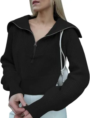 Women Zipper Long Sleeve Turtleneck Sweater Oversized Collared High Neck Pullover Ribbed Knit Solid Jumper Top
