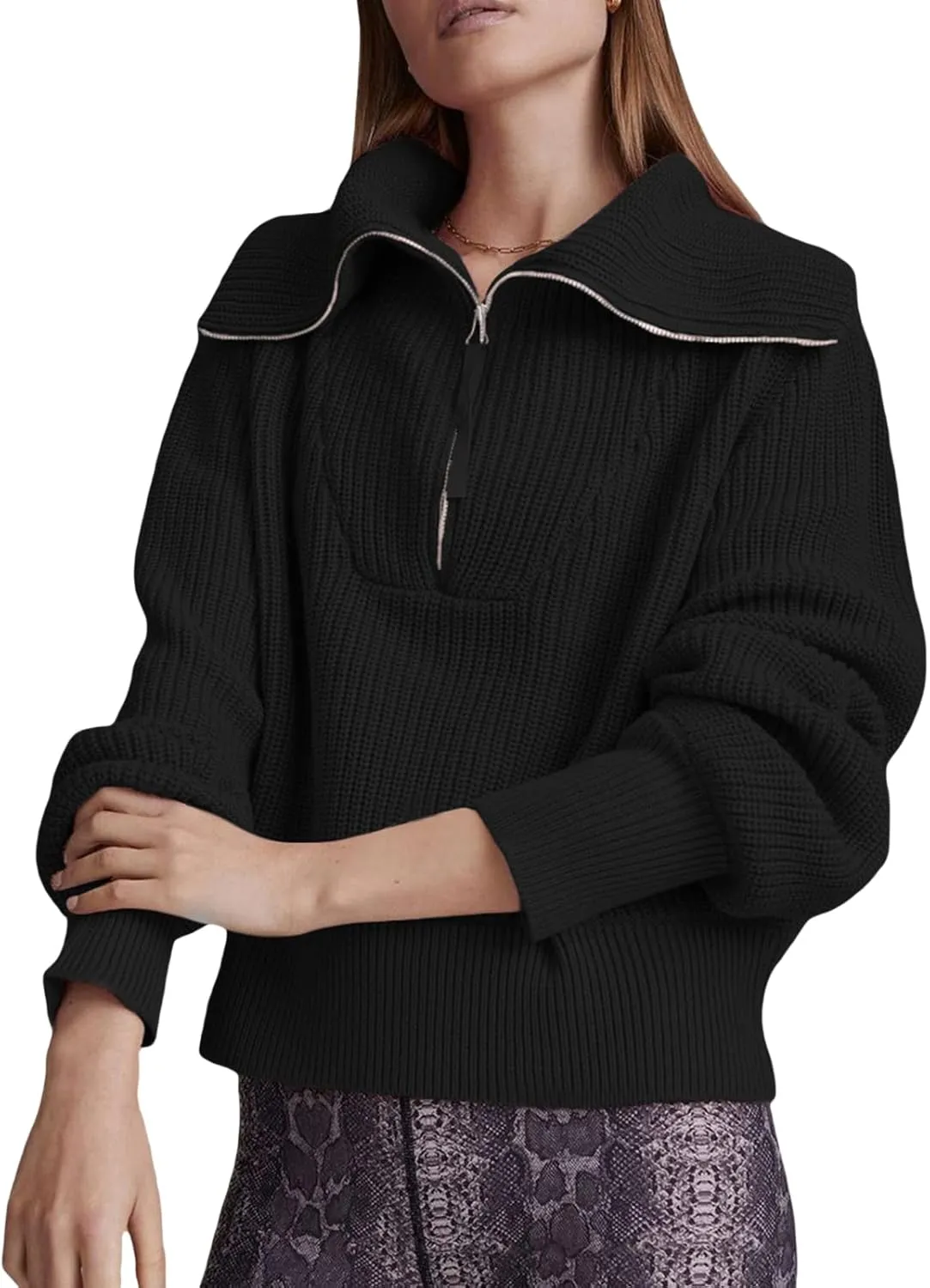 Women Zipper Long Sleeve Turtleneck Sweater Oversized Collared High Neck Pullover Ribbed Knit Solid Jumper Top