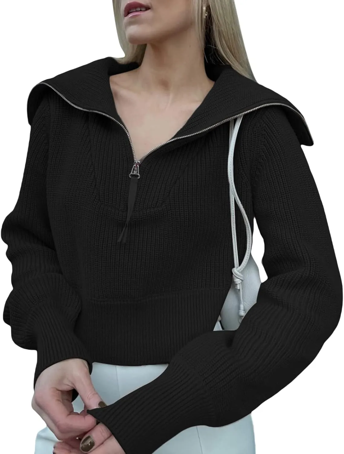Women Zipper Long Sleeve Turtleneck Sweater Oversized Collared High Neck Pullover Ribbed Knit Solid Jumper Top