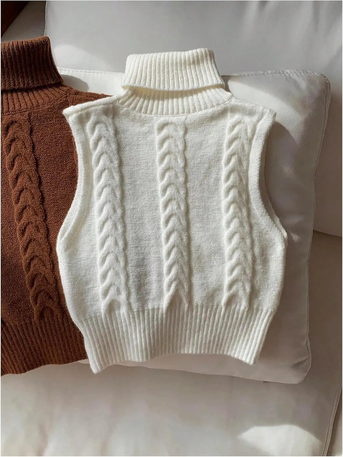 Women's 2 Piece Cable Knit Cropped Sweater Vest High Neck Sleeveless Knit Pullover Top