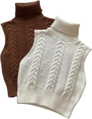 Women's 2 Piece Cable Knit Cropped Sweater Vest High Neck Sleeveless Knit Pullover Top