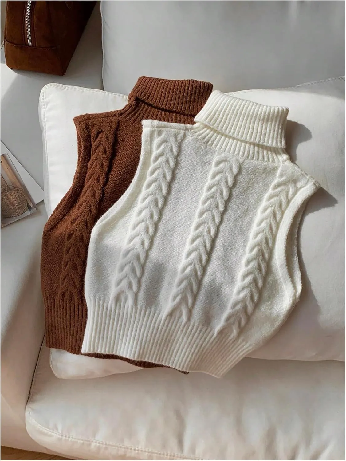 Women's 2 Piece Cable Knit Cropped Sweater Vest High Neck Sleeveless Knit Pullover Top