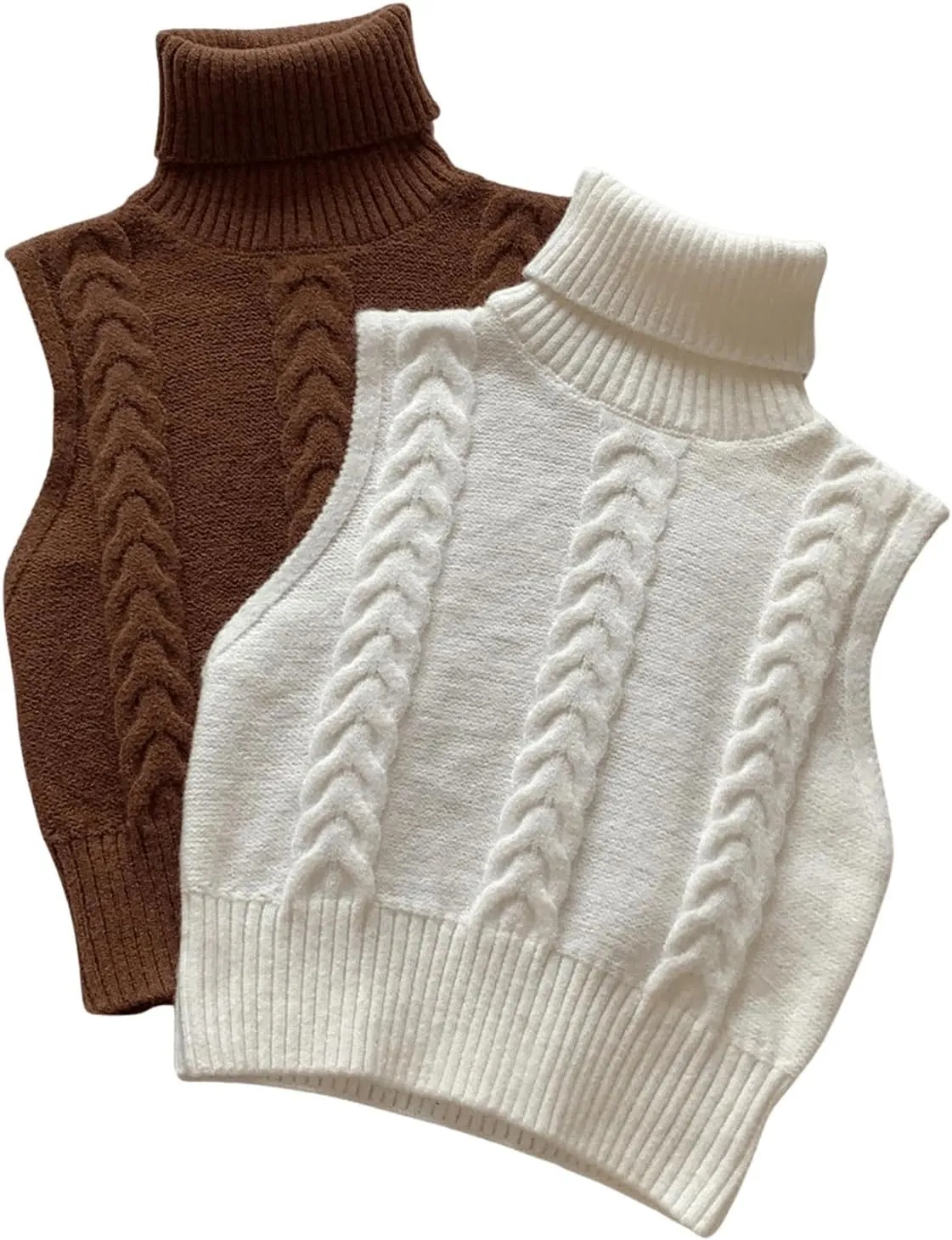 Women's 2 Piece Cable Knit Cropped Sweater Vest High Neck Sleeveless Knit Pullover Top