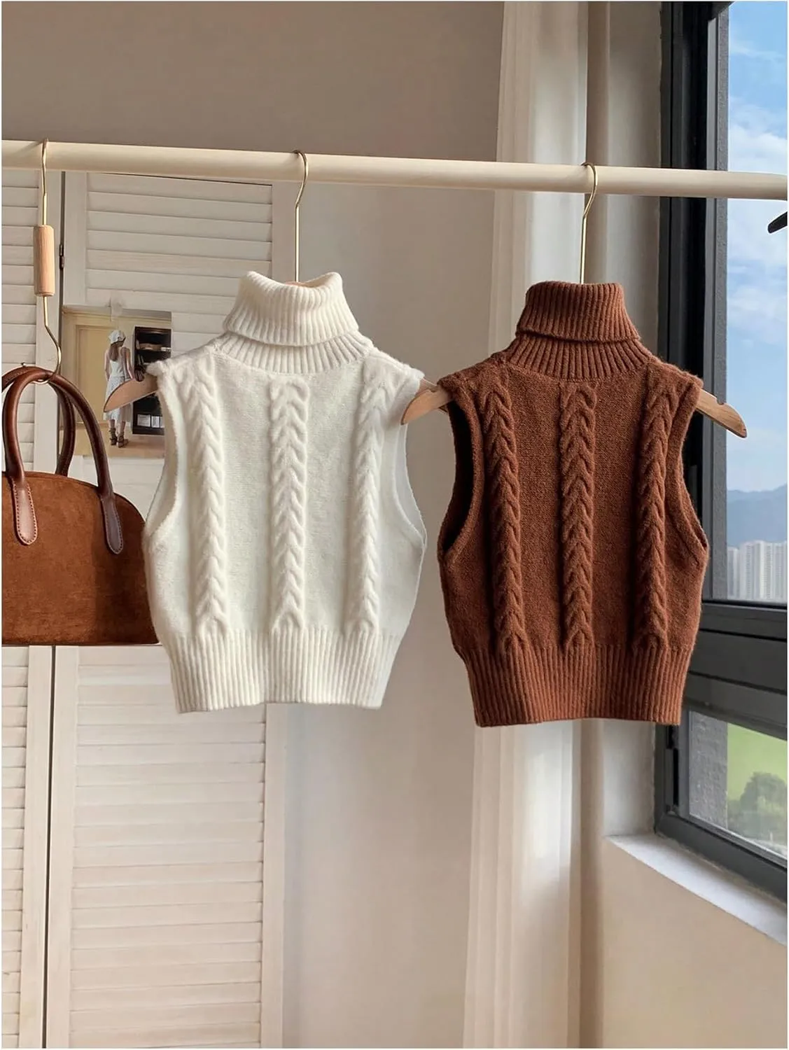 Women's 2 Piece Cable Knit Cropped Sweater Vest High Neck Sleeveless Knit Pullover Top