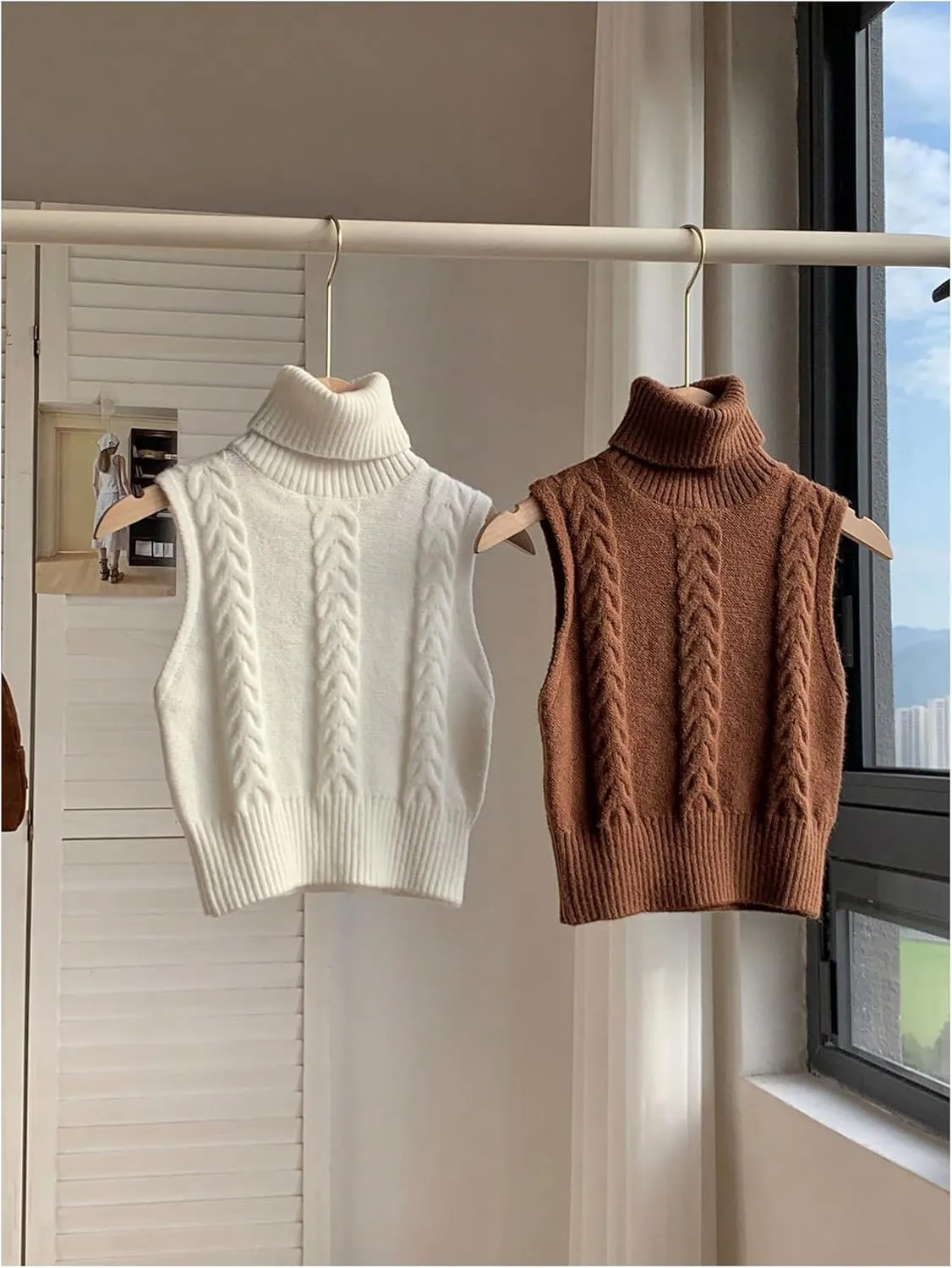 Women's 2 Piece Cable Knit Cropped Sweater Vest High Neck Sleeveless Knit Pullover Top