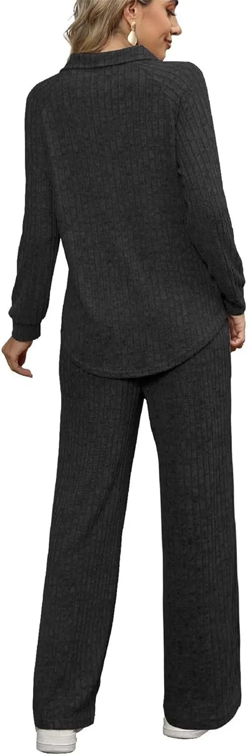Womens 2 Piece Outfits Long Sleeve Knit Sweater Top Wide Pants Lounge Sets Tracksuits Womens Winter Pajamas