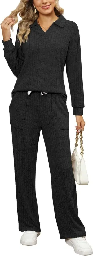 Womens 2 Piece Outfits Long Sleeve Knit Sweater Top Wide Pants Lounge Sets Tracksuits Womens Winter Pajamas