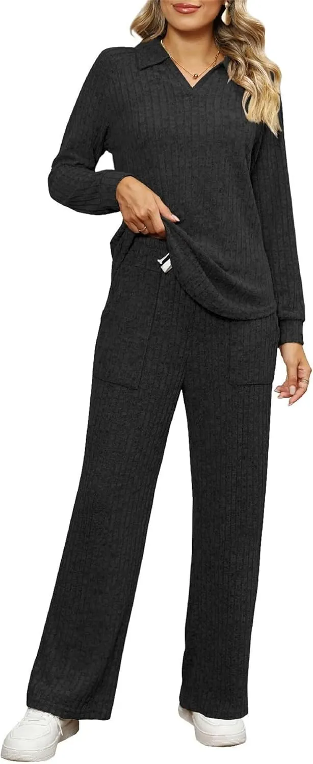 Womens 2 Piece Outfits Long Sleeve Knit Sweater Top Wide Pants Lounge Sets Tracksuits Womens Winter Pajamas