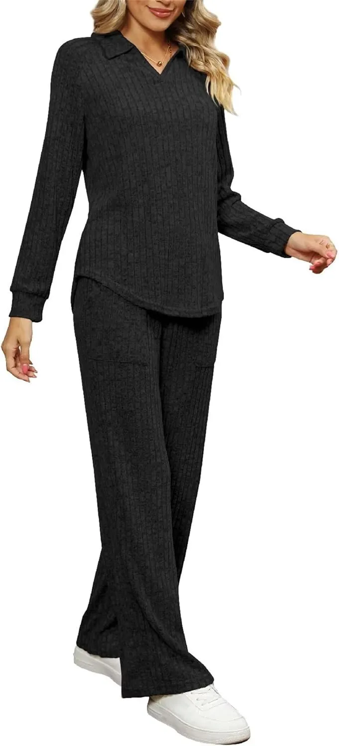 Womens 2 Piece Outfits Long Sleeve Knit Sweater Top Wide Pants Lounge Sets Tracksuits Womens Winter Pajamas