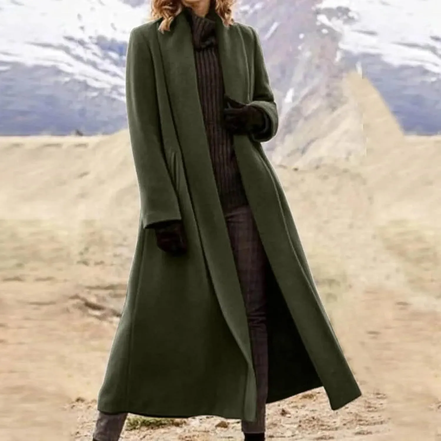 Womens Big Notch Lapel Open Front Wool Blend Peacoat Thicken Oversized Long Jackets Classic Winter Warm Overcoat S-5XL