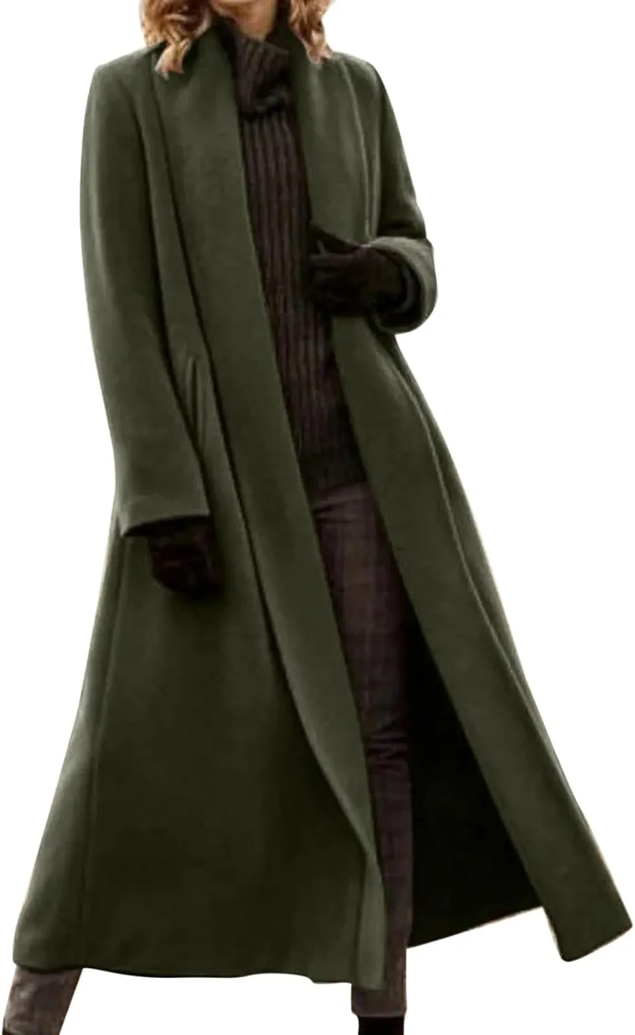Womens Big Notch Lapel Open Front Wool Blend Peacoat Thicken Oversized Long Jackets Classic Winter Warm Overcoat S-5XL
