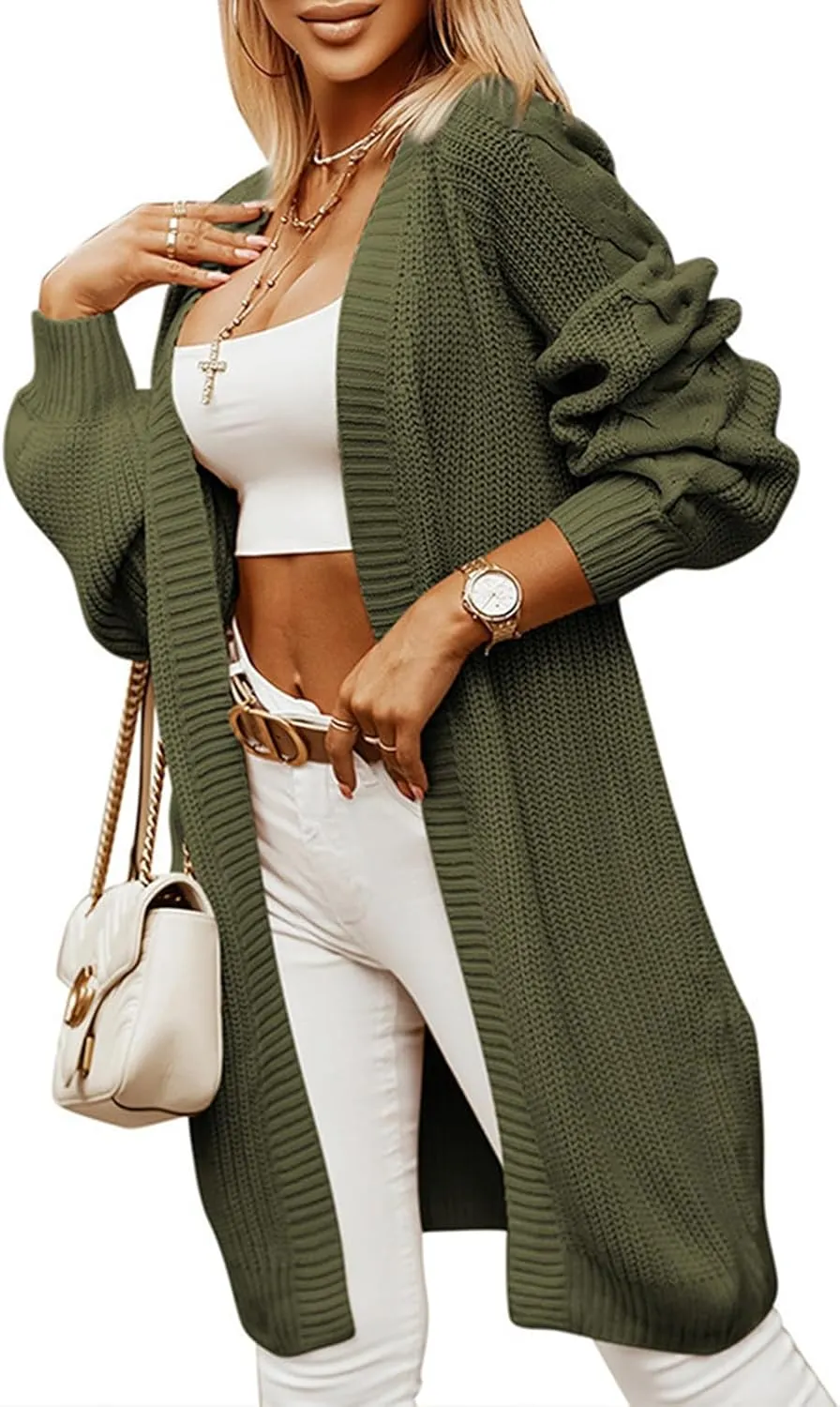 Women's Cardigan Sweaters Open Front Twists Long Sleeve Chunky Knit Loose Outwear Coat