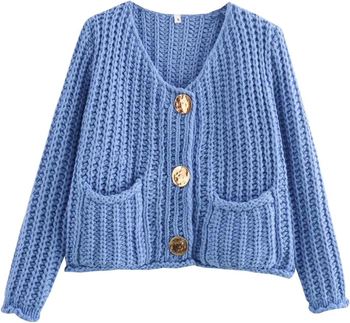 Womens Crochet Chunky Knit Sweater Jacket Cute Long Sleeve Button Down Open Front Cardigan Sweater with Pockets
