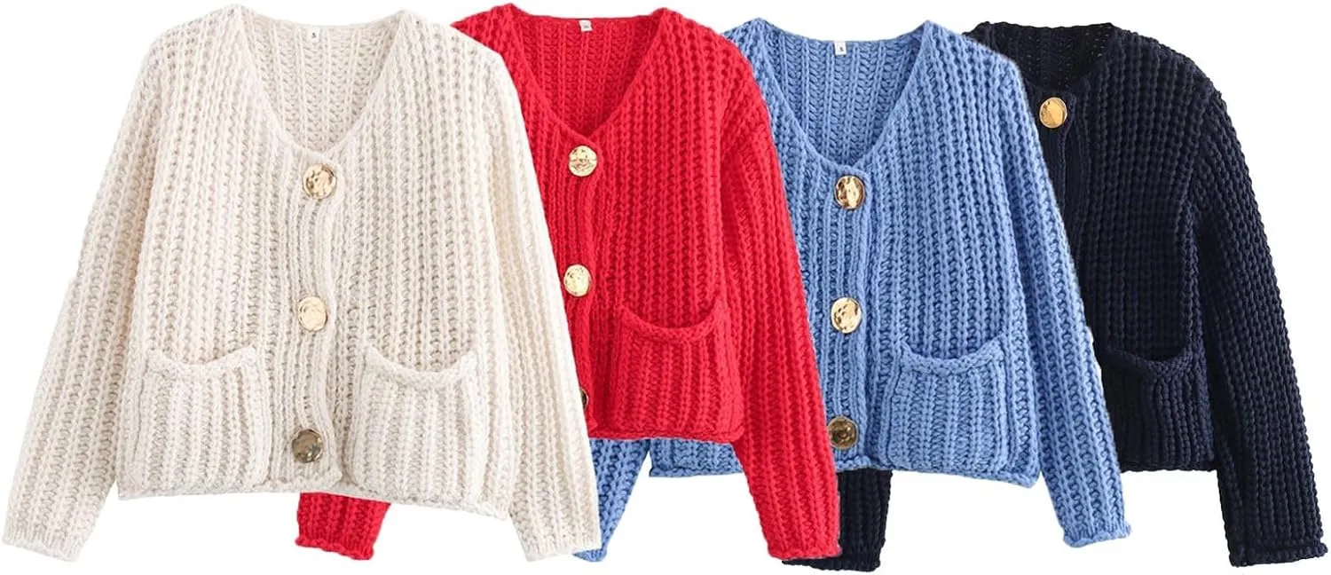 Womens Crochet Chunky Knit Sweater Jacket Cute Long Sleeve Button Down Open Front Cardigan Sweater with Pockets