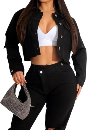 Women's Crop Top Jean Jacket Button Down Long Sleeve Cropped Denim Jacket Coat
