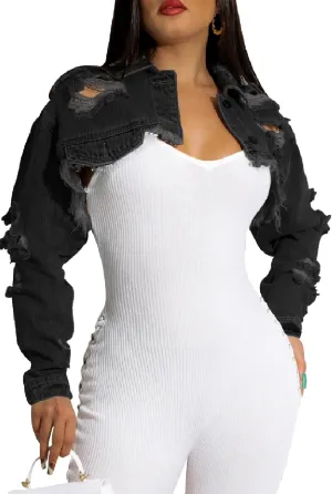 Women's Crop Top Jean Jacket Button Down Long Sleeve Cropped Denim Jacket Coat
