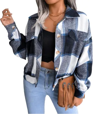 Womens Cropped Flannel Plaid Jacket Fashion Button Down Wool Blend Coat Long Sleeve Shacket Shirts Tops
